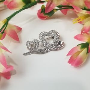 Korean Crystal Double Heart Silver Brooch Pin Gift
